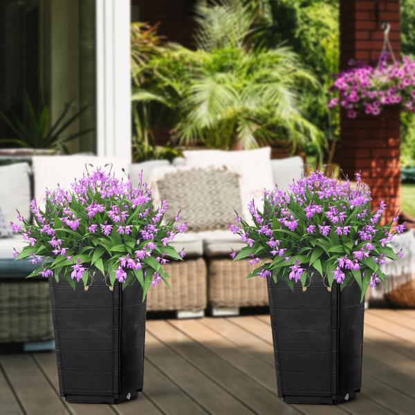 2 Pack Outdoor Tall Plastic Planter Set, Large Flower Pots with Drainage Holes, Durable Plant Pots for Porch Entryway Patio Yard Garden, Dark Brown