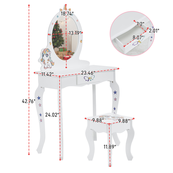 Kids Vanity Table and Chair Set, Girls Vanity with Mirror & Stool, Cute Unicorn Design, Pretend Play Makeup Dressing Princess Table for Toddlers, White