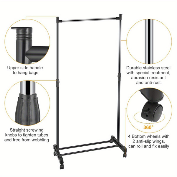 Adjustable Height Rolling Metal Clothes Rack Chrome 30 lbs