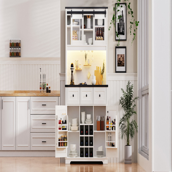 71" Farmhosue Pantry Bar Cabinet with Internal Storage Rack,Kitchen Cabinet with Hutch,Sliding Door,Power Outlet,Pegboard,Wine & Glasses Rack,3 Drawers,Rustic Coffee Bar Storage Cabinet,White Oak