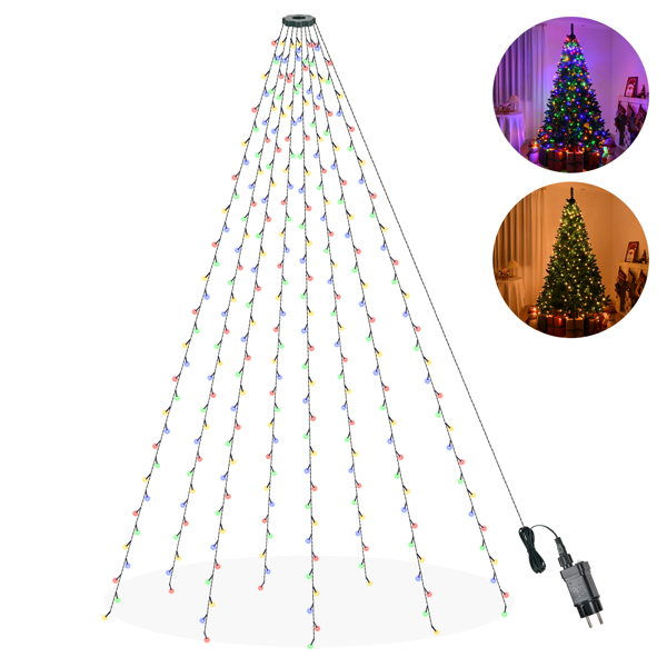 150cm Christmas Tree Lights with Ring, 200 LED Xmas String Lights with Warm White & Colorful Light, 11 Modes and Remote Control for Christmas Party Decorations