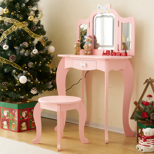 Kids Vanity Table and Chair Set, 2-in-1 Girls Vanity with Tri-Folding Mirror & 3-Color LED Lights, 1 Drawer, Pretend Play Makeup Dressing Princess Table for Toddlers, Pink