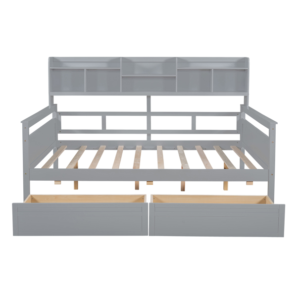 Full size Daybed, Wood Slat Support, with Bedside Shelf and Two Drawers, Gray