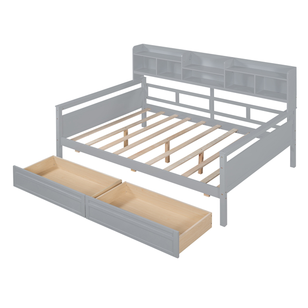 Full size Daybed, Wood Slat Support, with Bedside Shelf and Two Drawers, Gray