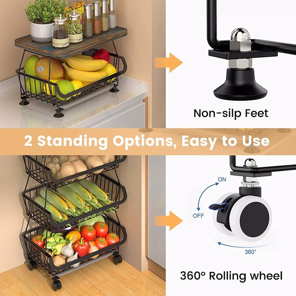 5-layer fruit basket, used for kitchen organizer and storage, stackable metal wire basket vertical cart, floor standing fruit rack basket with wheels