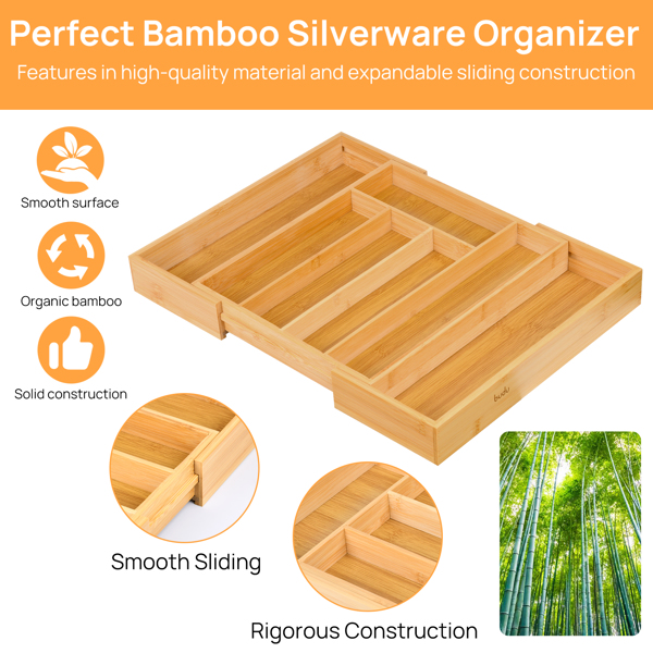 Expandable Bamboo Kitchen Drawer Organizer – Adjustable Cutlery Tray for Utensils, Silverware, and Flatware – 5 to 7 Slots Bamboo Drawer Divider for Kitchen Storage (Natural Wood)	