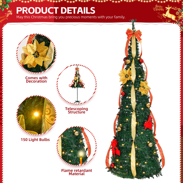 6 FT Fully Decorated Pre-lit Christmas Tree, Pop Up Artificial Xmas Tree with 80 Warm Lights Battery Operated and Red & Golden Ornaments for Home Office Store Holiday Deco