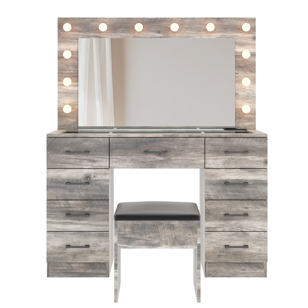 Vanity Desk Set with Large Lighted Mirror and Powre Outlet, Glass Top Makeup Vanity with 9 Drawers, Vanity Table with 12 LED Lights, 3 Lighting Color Adjustable, Grey