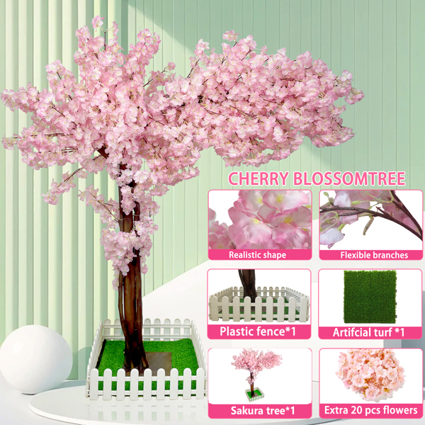 Artificial Cherry Blossom Tree, Fake Tree Artificial Pink Sakura Tree Wishing Tree Christmas Tree 5FT/1.5m for Party, Wedding, Office, Home Decor, Indoor & Outdoor Artificial Plants ﻿，Without LED ligh