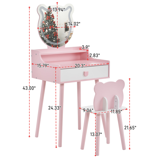 Kids Vanity Table and Chair Set, Girls Vanity with Mirror & 3-Color LED Lights, 1 Large Drawer & Storage Shelf, Pretend Play Makeup Dressing Princess Table for Toddlers, Pink