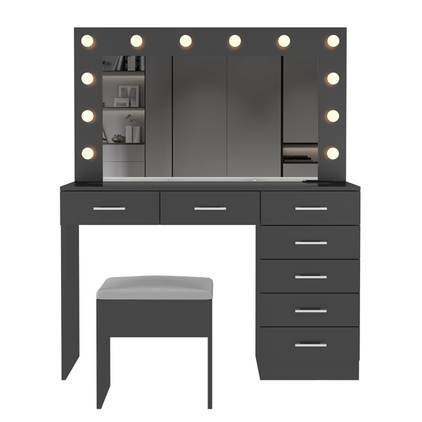 Vanity Desk Set with Large Lighted Mirror and Powre Outlet, Glass Top Makeup Vanity with 7 Drawers, Vanity Table with 12 LED Lights, 3 Lighting Color Adjustable, Black