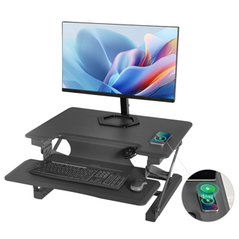 Höhenverstellbarer Schreibtisch für Computer, höhenverstellbarer Schreibtisch mit Tastaturablage, Verstellbarer Schreibtisch mit Ladefunktion (USB & Type-C & kabelloses Laden), Grau (75 x 52 cm)