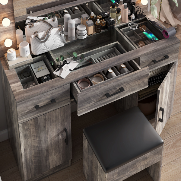 Vanity Desk Set with Large Lighted Mirror and Powre Outlet, Glass Top Makeup Vanity with 3 Drawers and 2 Cabinets, Vanity Table with 12 LED Lights, 3 Lighting Color Adjustable, Grey