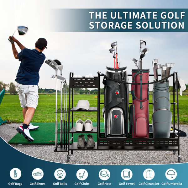 Golftasche Lagerung Garage Veranstalter, Golf Tasche Stand fit für 3 Golfbag, Extra große Größe Golf Tasche Veranstalter Stand und Golf Ausrüstung Rack für Garage, Club, Keller