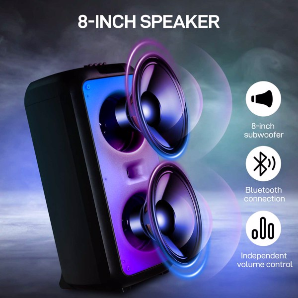 8in Wireless Portable Bluetooth Karaoke Speaker with TF/USB/AUX/FM/TWS, LED Disco Light, Bluetooth 5.0 for Outdoor Home Party