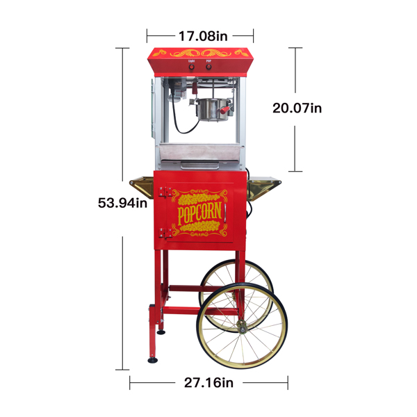 Popcorn Machine with Cart – 6oz Popper with Stainless-steel Kettle, Heated Warming Deck, and Old Maids Drawer,Red 