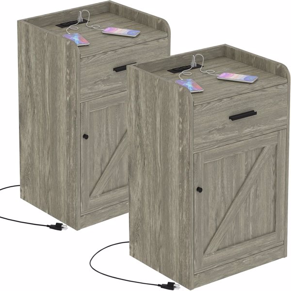 Farmhouse Nightstand Set of 2 with Charging Station, Rustic Grey End Table with Drawer Storage& Barn Door, Industrial Bedside Table with USB Ports & Outlets for Bedroom and Living Room