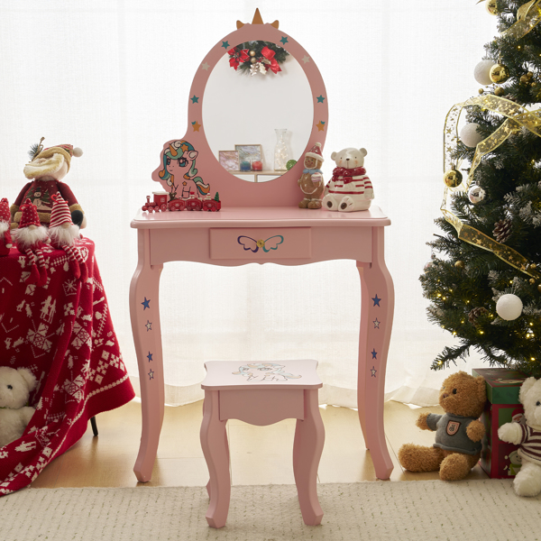 Kids Vanity Table and Chair Set, Girls Vanity with Mirror & Stool, Cute Unicorn Design, Pretend Play Makeup Dressing Princess Table for Toddlers, Pink