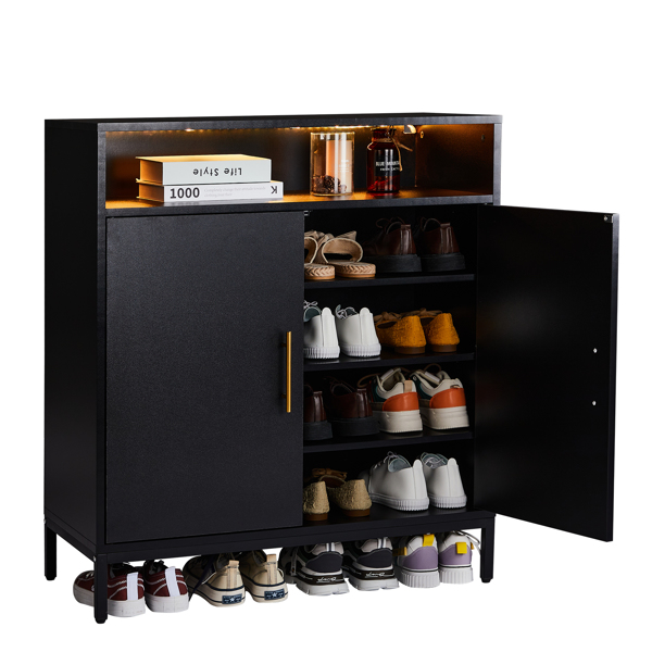 FCH Double Door 6-Layer Shoe Cabinet with High Foot LED Lights Particle Board 80*38*90cm Black