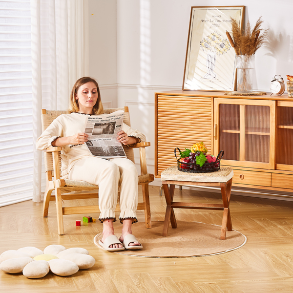 Ottoman Footstool Natural Seagrass Footrest Pouf Ottomans with X Wooden Legs Rectangular Hand Weaving Foot Rest for Living Room Balcony 17 inch White