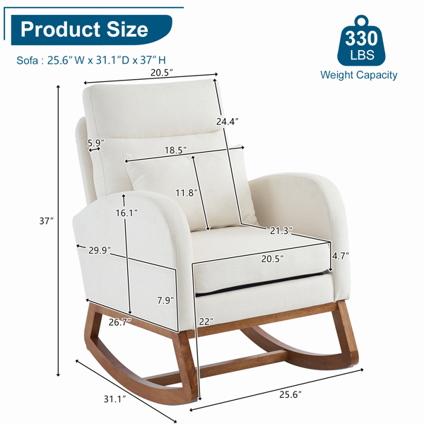 Beige Linen Nursery Rocking Chair with Thick Headrest,Mid-Century Modern Nursing Rocker,Upholstered Glider with Curved Armrest, Sturdy Solid Wood Base for Living Room, Bedroom, Baby Room