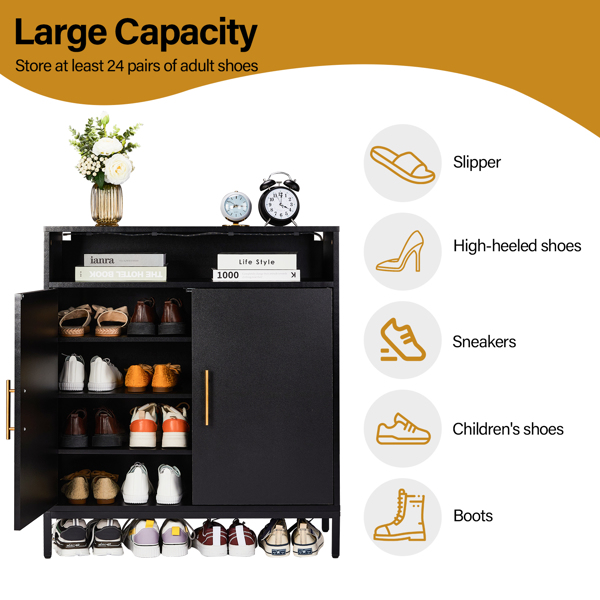 FCH Double Door 6-Layer Shoe Cabinet with High Foot LED Lights Particle Board 80*38*90cm Black