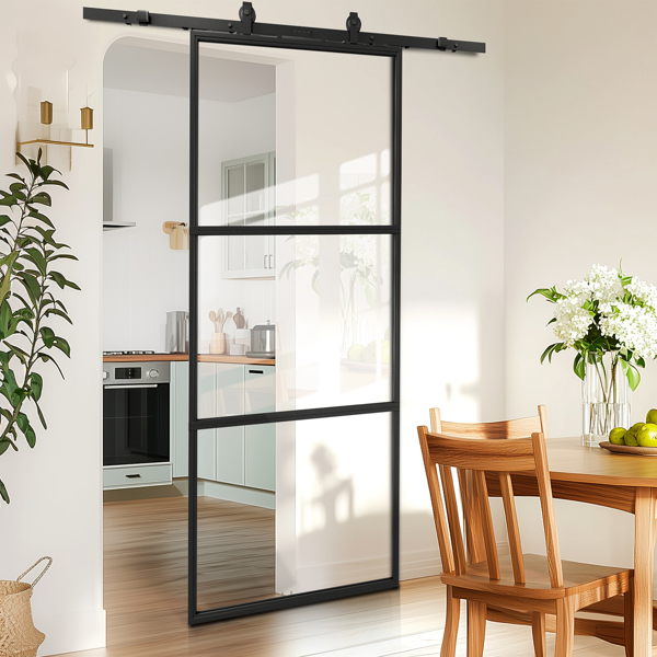 36 in.  x 84 in.     Glass Sliding Barn Door with  6FT Barn Door Hardware Kit & Soft Close Mechanism，Interior Clear Glass Black Steel Frame，Requires Simple DIY Assembly