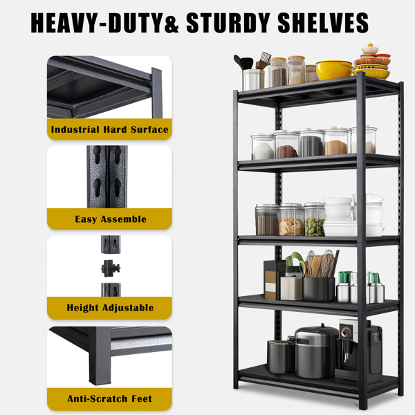 72" H Adjustable Garage Shelves, 5-Tier Heavy Duty Shelving Unit, 2200LBS Wide Metal Utility Storage Organizer Racks for Warehouse Pantry Closet Kitchen, Black