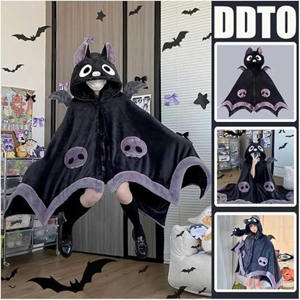 Cute Halloween Wearable Blanket Hoodie Free Size for Adults Devil Bat Hooded Blanket Oversized Soft Sherpa Hoodie Women Throw Cloak Wrap with Demon Wings for Men Child Student