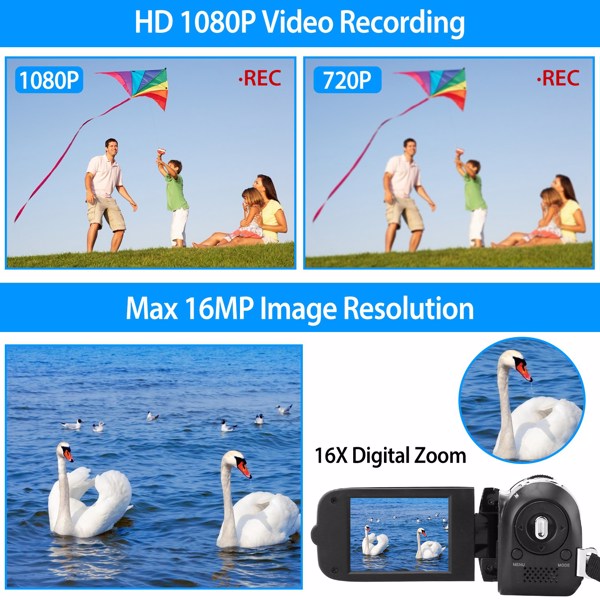 HD 1080P Digital Video Camcorder 2.7in 16X Zoom DV Camera 270° Rotation Rechargeable Kid Camera w/Fill Light Selfie