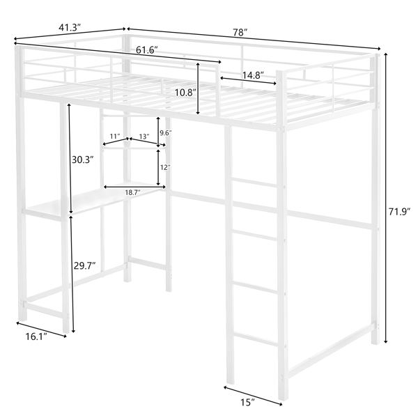 Twin Size Metal Loft Bed with Desk and Storage Shelves, 2 Built-in Ladders & Guardrails, Loft Bed Frame for Teens Juniors Adults, Noise Free, No Box Spring Needed, White