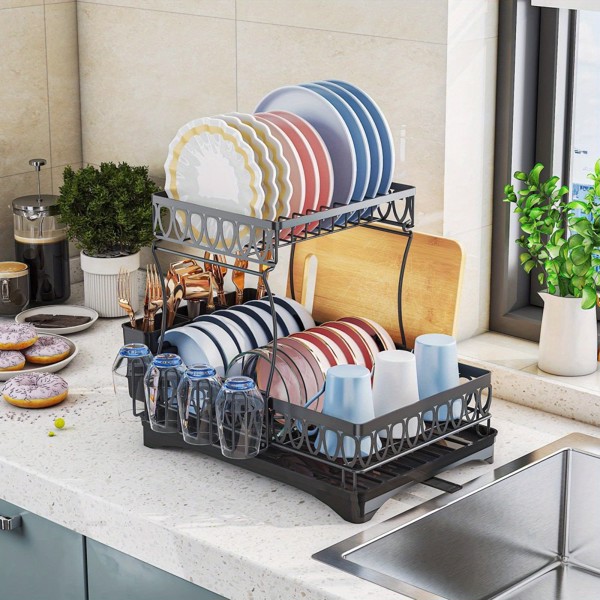 2-layer tableware arrangement rack, household large capacity tableware storage rack storage rack, bowl rack, dish rack, cup rack, drain rack, knife and fork rack, household kitchen supplies