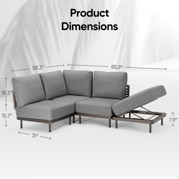 85.9 Wide Patio Outdoor Sofa and Adjustable Recliner