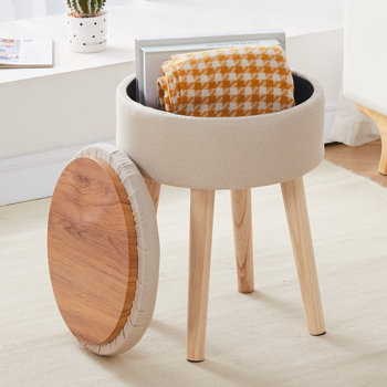 Storage Ottoman Linen Round Vanity Stool Tray Top Modern Foot Stool with Wood Legs Multifunctional Upholstered Foot Ottoman Rest for Living Room, Bathroom, Makeup Beige