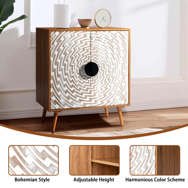 FCH Pattern Carving, High Legs, Door Panel, MDF Spray Paint, Cabinet Body, Melamine Board, Sideboard, 80*39.5*80cm, Original Wood Cabinet Body, White Pattern Door Panel, Bohemian Style