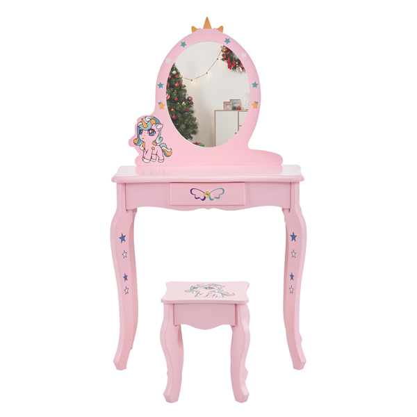 Kids Vanity Table and Chair Set, Girls Vanity with Mirror & Stool, Cute Unicorn Design, Pretend Play Makeup Dressing Princess Table for Toddlers, Pink