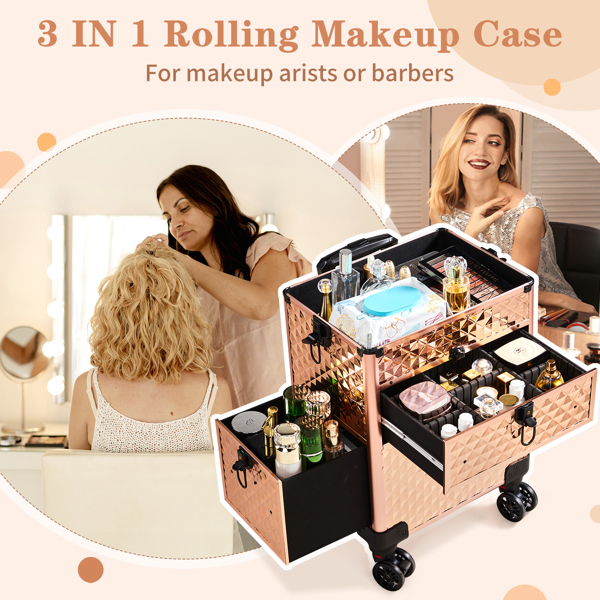 FCH 2-in-1 Front Drawer with Slide Rails, Flat Left Drawer, Detachable Universal Wheels, Aluminum, Diamond Pattern, Champagne Gold, Cosmetic Case 34*24*72.5cm