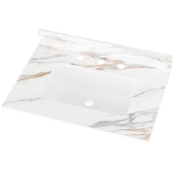 31 Inch Marble Vanity Top, Bathroom Vanity Top with Undermount Rectangular Middle Sink and 4" Height Backsplash, Pre-Drilled Faucet Hole Vanity Top, Three Holes