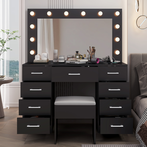 Vanity Desk Set with Large Lighted Mirror and Powre Outlet, Glass Top Makeup Vanity with 9 Drawers, Vanity Table with 12 LED Lights, 3 Lighting Color Adjustable, Black