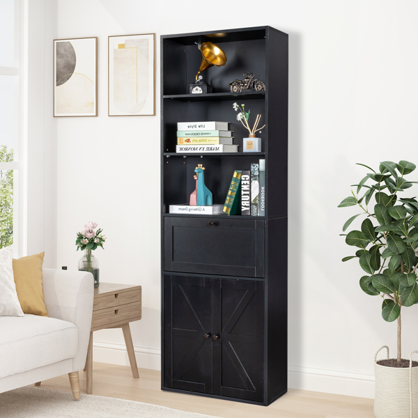 FCH 3-Layer 1 Drawer 2 Doors Double Z Shape Melamine Board 60*23.5*180cm Display Cabinet Black