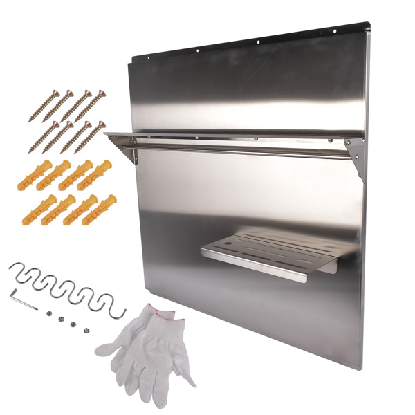 Range Backsplash with Shelf 29.5 x 29.5 Inch Range Hood Wall Shield for Range Hood Stainless Backsplash with Storage Shelf and Hanging Rack