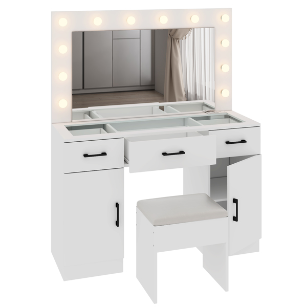 Vanity Desk Set with Large Lighted Mirror and Powre Outlet, Glass Top Makeup Vanity with 3 Drawers and 2 Cabinets, Vanity Table with 12 LED Lights, 3 Lighting Color Adjustable, White