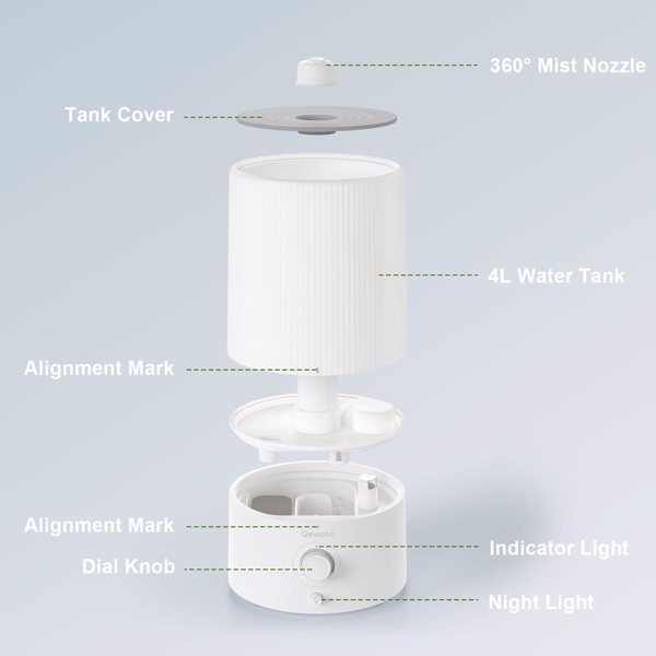 4L Top Fill Ultrasonic Cool Mist Humidifiers for Bedroom, with Oil Diffuser and Nightlight, for Baby Nursery & Plants, for Large Room, Lasts Up to 50 Hours, Auto Shut-Off