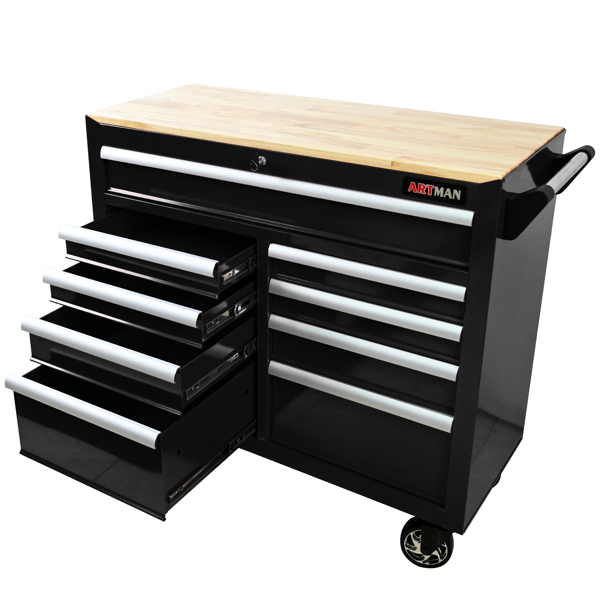 9 DRAWERS MULTIFUNCTIONAL TOOL CART WITH WHEELS AND WOODEN TOP