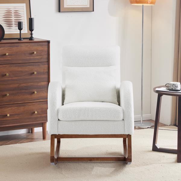 White Teddy Fleece Rocking Chair Nursery with Thick Headrest, Upholstered Mid-century Modern Nursing Rocker Glider with Curved Armrest, Sturdy Solid Wood Base for Living Room,Bedroom, Baby Room