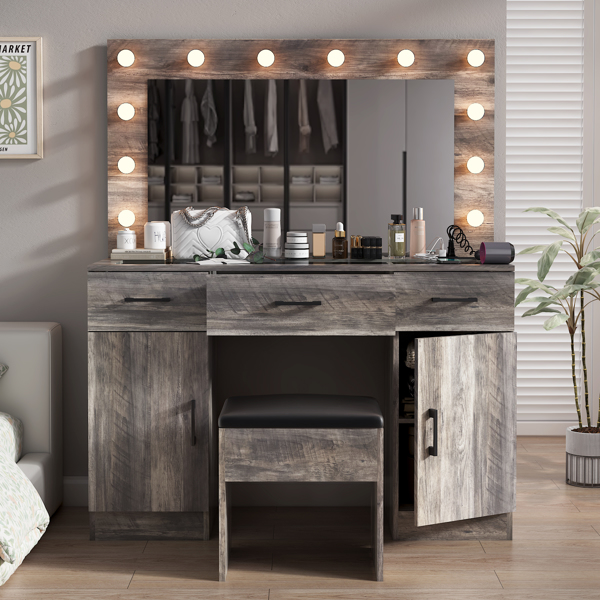 Vanity Desk Set with Large Lighted Mirror and Powre Outlet, Glass Top Makeup Vanity with 3 Drawers and 2 Cabinets, Vanity Table with 12 LED Lights, 3 Lighting Color Adjustable, Grey