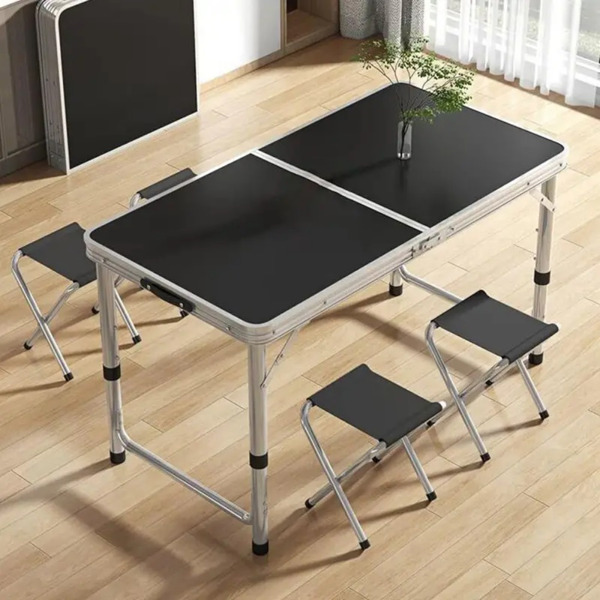 Multi functional aluminum folding table - adjustable, 48 inches, expandable handle. Suitable for indoor/outdoor use. Foldable, suitable for work and travel, with four chairs