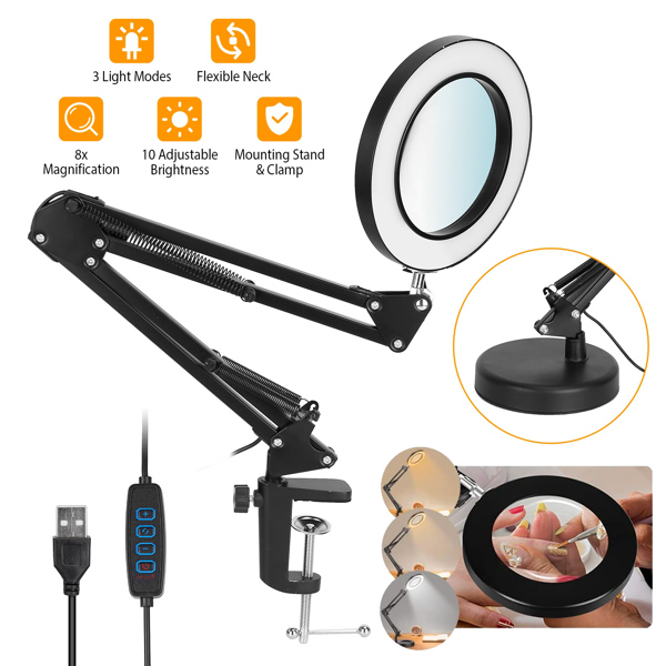 2-in-1 LED Magnifier Desk Lamp 8x Magnifying Glass with Light Swing Arm Desk Table Light USB Reading Lamp with Clamp Stand 10 Brightness 3 Modes