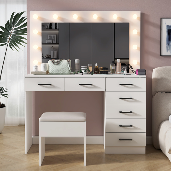 Vanity Desk Set with Large Lighted Mirror and Powre Outlet, Glass Top Makeup Vanity with 7 Drawers, Vanity Table with 12 LED Lights, 3 Lighting Color Adjustable, White