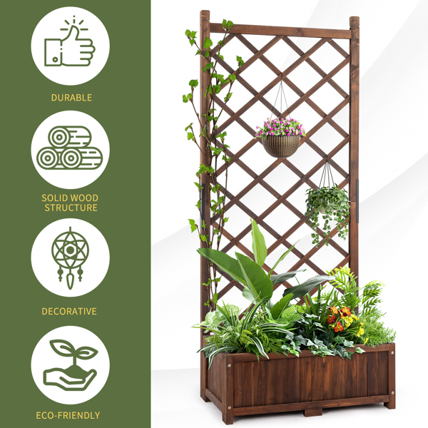 Wood Planter Raised Garden Bed with Trellis, 67 Inch Height Outdoor Garden Flower Standing Planter Box Lattice Panels with Planter for Patio Porch with Drainage Holes, Brown